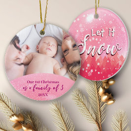 Roze Laat het Sneeuwen 1e Kerstfamilie van 3 Foto Ornament