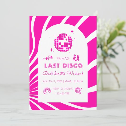 Roze Laatste Disco Bachelorette Weekend Uitnodigin Kaart (Staand voorkant)