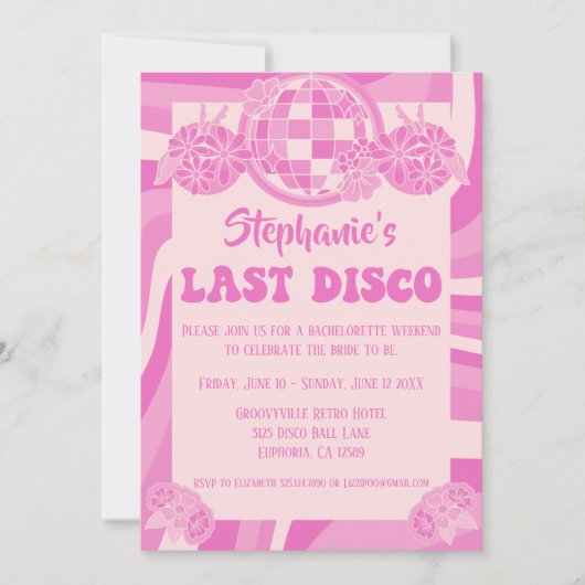 Roze Laatste Disco Retro Bachelorette uitnodiging (Voorkant)