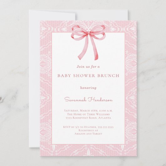 Roze Lace Bow Ribbon Baby shower Brunch Kaart (Voorkant)