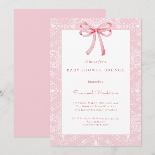 Roze Lace Bow Ribbon Baby shower Brunch Kaart (Voorkant / Achterkant)