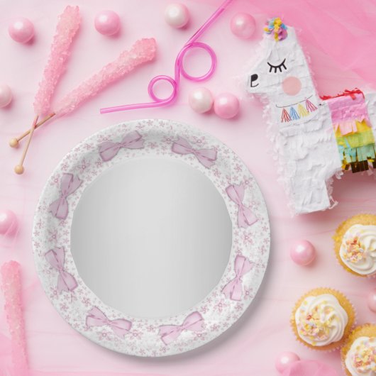 Roze Lace Bow Roze Grijs Baby shower Papieren Bordje (Feest)