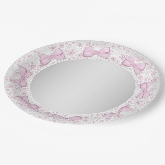 Roze Lace Bow Roze Grijs Baby shower Papieren Bordje (Gekanteld)