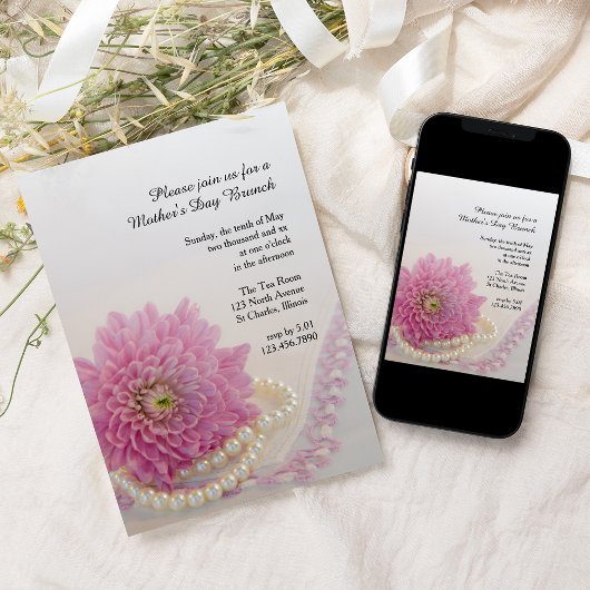 Roze Lace Pearls Moederdag Brunch Invitation Kaart