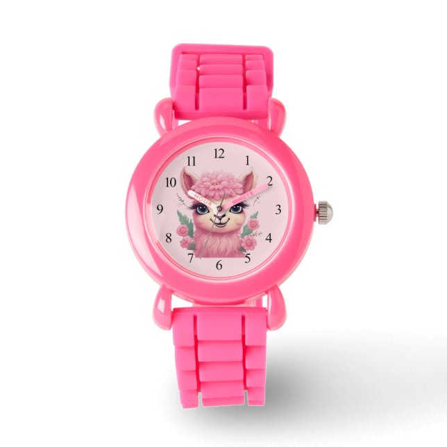 Roze lachende Baby Lama Horloge (Voorkant)