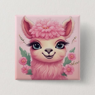 Roze lachende Baby Lama Vierkante Button 5,1 Cm