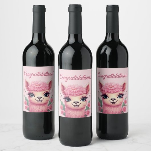 Roze lachende Baby Lama Wijn Etiket (Flessen)