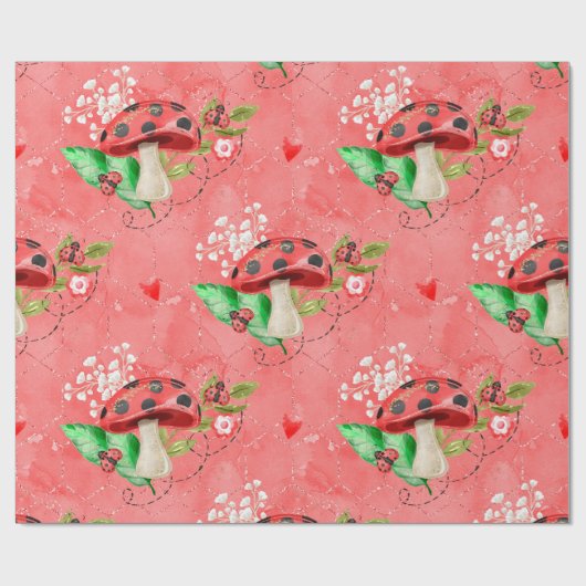 Roze Lady Bug en paddenstoelpatroon Cadeaupapier (Vlak)