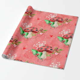 Roze Lady Bug en paddenstoelpatroon Cadeaupapier