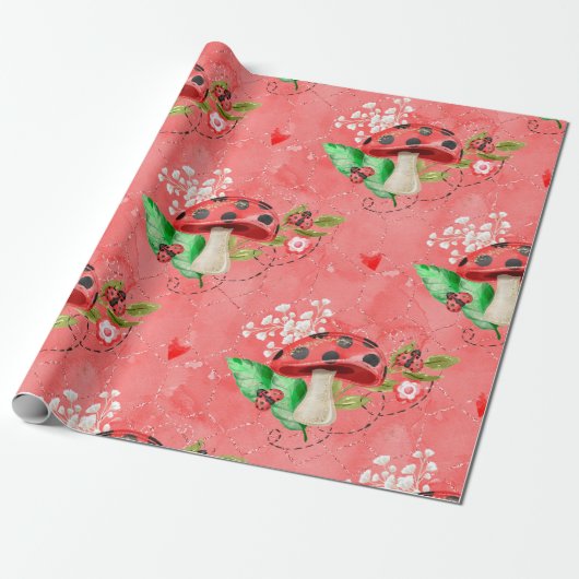 Roze Lady Bug en paddenstoelpatroon Cadeaupapier (Uitgerold)