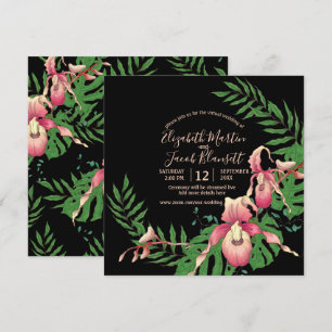 Roze Lady Slipper Orchid op zwart virtueel huwelij Kaart