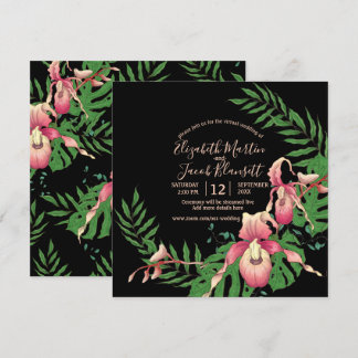 Roze Lady Slipper Orchid op zwart virtueel huwelij Kaart