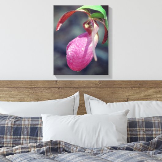 Roze Lady Slipper Orchid Raindrop Canvas Afdruk (Insitu (Slaapkamer))