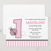 Roze Ladybug 1st Birthday Kaart (Voorkant / Achterkant)