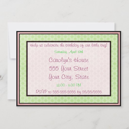 Roze Ladybug Baby Girl Birthday Party nodigt Groen Kaart (Achterkant)