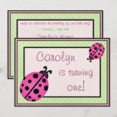 Roze Ladybug Baby Girl Birthday Party nodigt Groen Kaart (Voorkant / Achterkant)