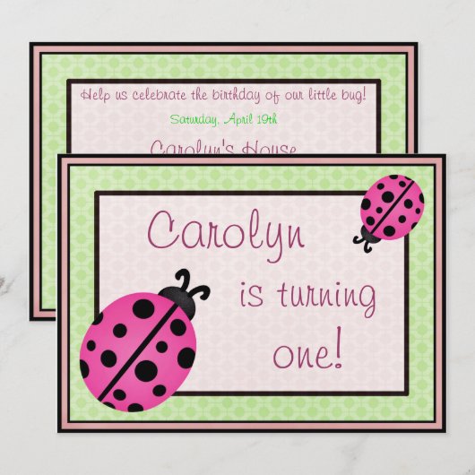 Roze Ladybug Baby Girl Birthday Party nodigt Groen Kaart (Voorkant / Achterkant)