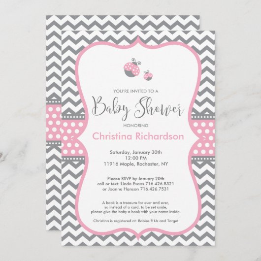 Roze Ladybug Baby shower Invitation Kaart (Voorkant / Achterkant)
