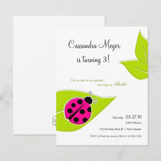 Roze Ladybug Birthday Invitation Kaart (Voorkant / Achterkant)