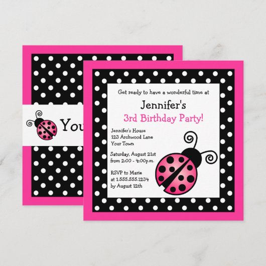 Roze Ladybug Birthday - zwarte en witte pooldots Kaart (Voorkant / Achterkant)