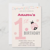 Roze Ladybug First Birthday Party Invitation Kaart (Voorkant)