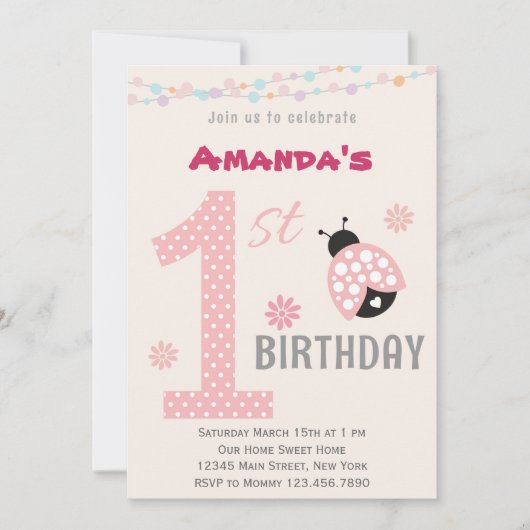 Roze Ladybug First Birthday Party Invitation Kaart (Voorkant)