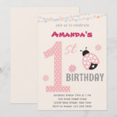 Roze Ladybug First Birthday Party Invitation Kaart (Voorkant / Achterkant)