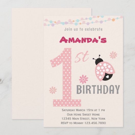 Roze Ladybug First Birthday Party Invitation Kaart (Voorkant / Achterkant)