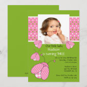 Roze ladybug Foto Birthday Invitation Kaart (Voorkant / Achterkant)