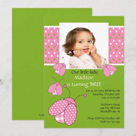 Roze ladybug Foto Birthday Invitation Kaart (Voorkant / Achterkant)