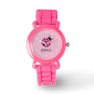 Roze ladybug horloge gepersonaliseerd met meisjesn