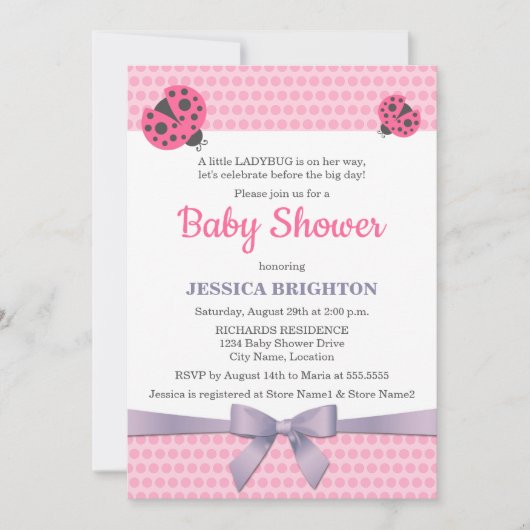Roze Ladybug met lavender Baby shower van lint Kaart (Voorkant)
