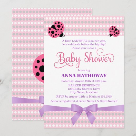 Roze Ladybug met lavender en zilver Baby shower Kaart (Voorkant / Achterkant)