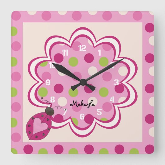 Roze Ladybug op Polka Dots Nursery Wall Clock Vierkante Klok (Voorkant)