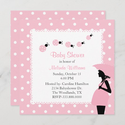 Roze ladybugs en pooldots Aangepast Baby shower Kaart (Voorkant / Achterkant)