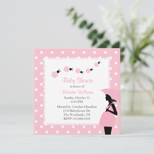 Roze ladybugs en pooldots Aangepast Baby shower Kaart (Staand voorkant)