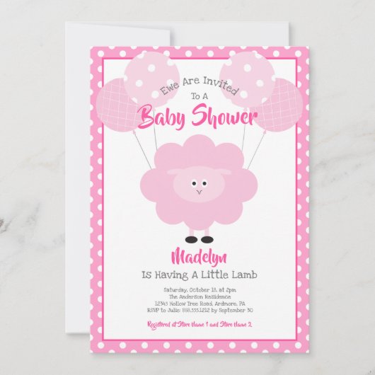 Roze Lam Baby shower Script Ballonnen Schattige Mo Kaart (Voorkant)