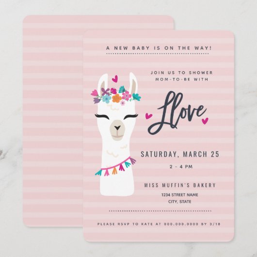 Roze lama-baby shower Uitnodiging // lama-liefde (Voorkant / Achterkant)