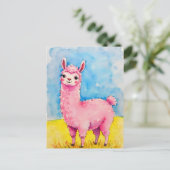 Roze lama tegen een blauwe hemel briefkaart (Staand voorkant)