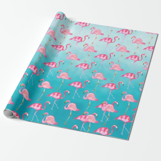 Roze lamingoenen en Turquoise Blue Zee Cadeaupapier (Uitgerold)