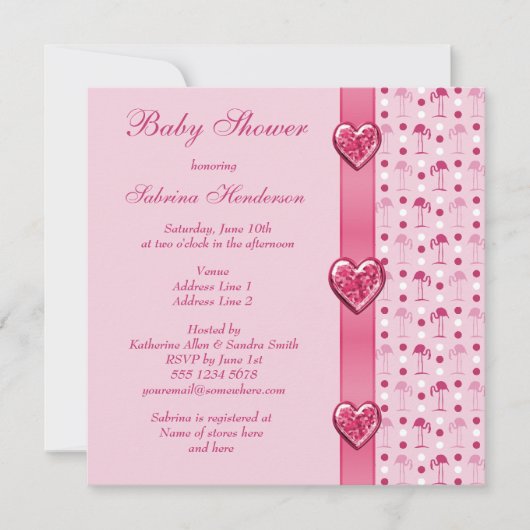 Roze lamingos, Baby shower met drukknop en hart Kaart (Voorkant)