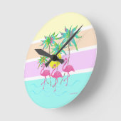 Roze lamingos met palmbomen, ronde klok (Hoek)