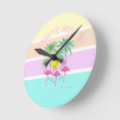 Roze lamingos met palmen, Namaste stranden, Koel Ronde Klok (Hoek)