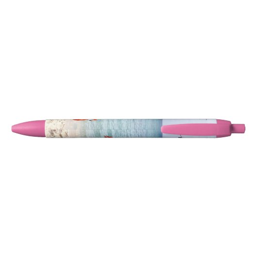Roze lamingos op de strand blauwe inkt pen (Achterkant)