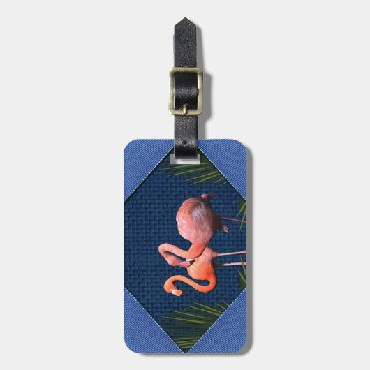 Roze lamingos op klassieke blauwe verbinding bagagelabel (Voorkant verticaal)