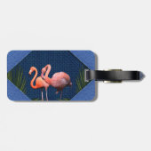 Roze lamingos op klassieke blauwe verbinding bagagelabel (Achterkant horizontaal)