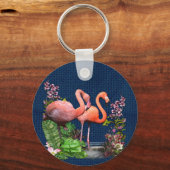 Roze lamingos op klassieke blauwe verbinding sleutelhanger (Voorkant)