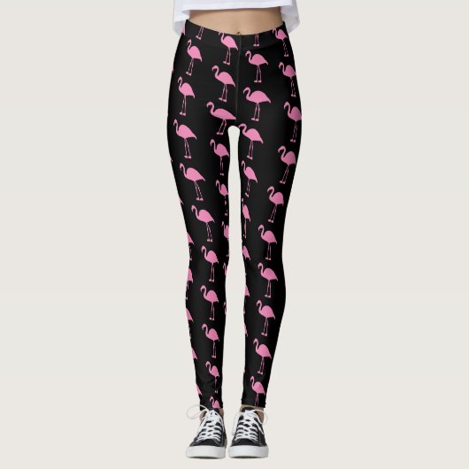 Roze lamingos op zwart leggings (Voorkant)