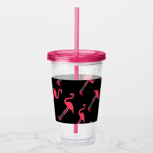 Roze lamingos op zwart-persoonlijk acryl drinkbeker (Rechts)
