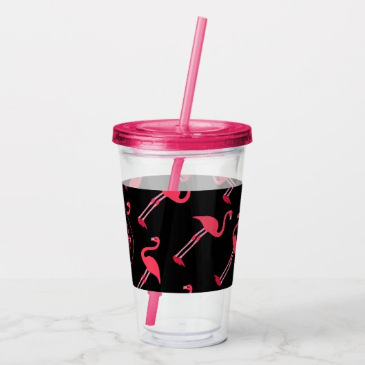 Roze lamingos op zwart-persoonlijk acryl drinkbeker (Achterkant)